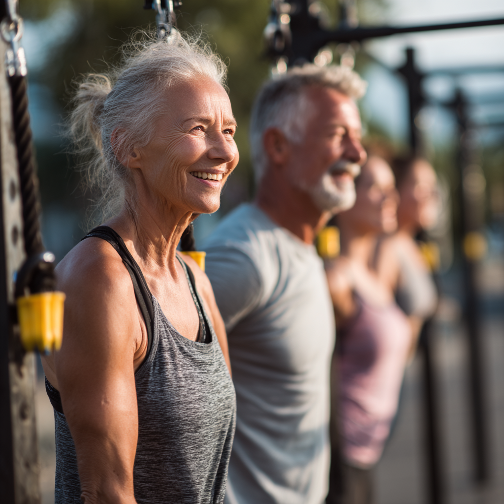 Middle-aged adults enjoying functional training in natural outdoor setting